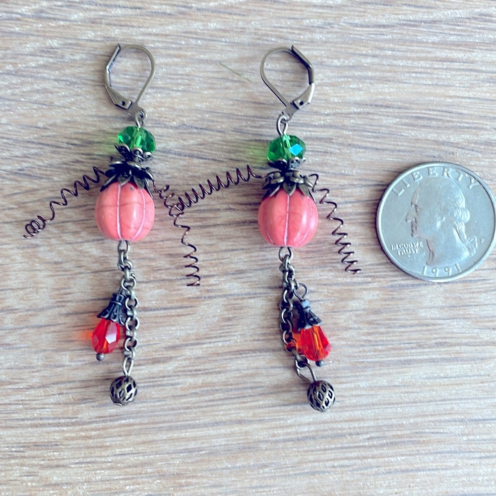 HAND CRAFTED AUTUMN EARRINGS Fall Halloween Thanksgiving Orange Pumpkins Vines - Picture 8 of 12